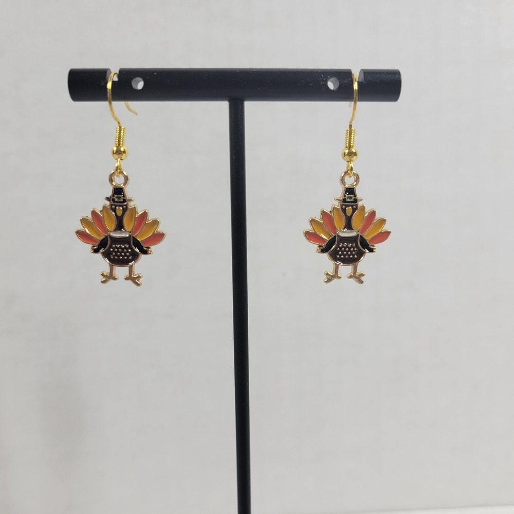 Thanksgiving Turkey Dangle Drop Earrings Gold Tone Enamel Pilgrim Hat Fall Autum